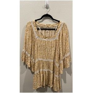 FREE PEOPLE Mustard Floral Print Baby Doll Blouse